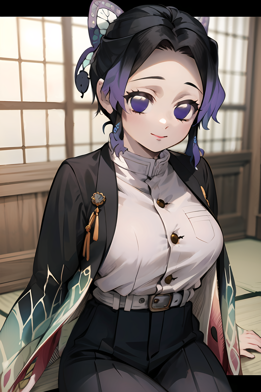 00054-468370258-masterpiece, best quality, ultra-detailed, Potrait of beautiful ShinobuDB, demon_slayer_uniform, solo, smile, japanese_clothes,.png